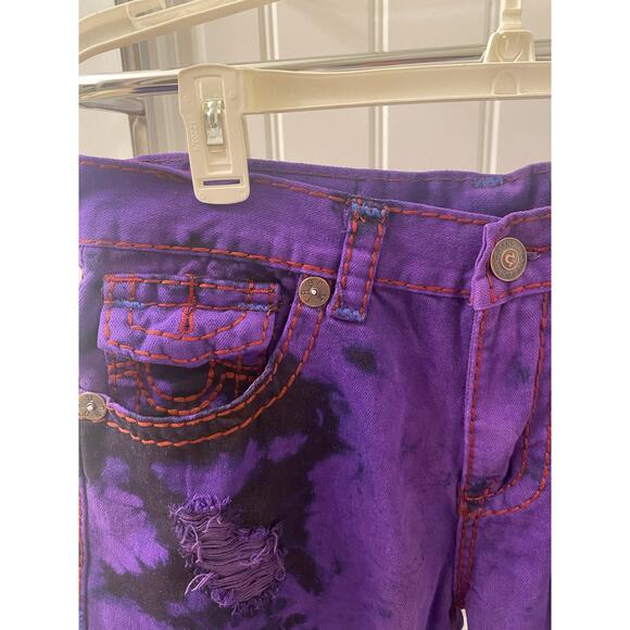 True Religion Urban Cow Billy Purple Wash Distressed Denim Jean Shorts Sz 34 - Picture 3 of 8